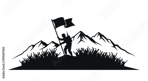 Silhouette of a triumphant climber planting a flag on a mountain peak with cheering crowd below