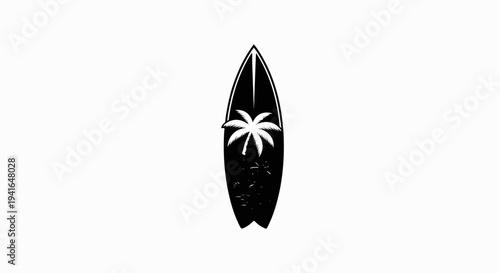 Black and white illustration of a surfboard with palm trees and water