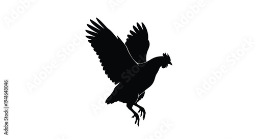 A striking black silhouette of a rooster taking flight in mid air