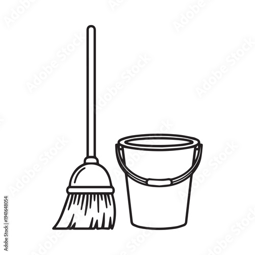 Vector illustration of broom and bucket