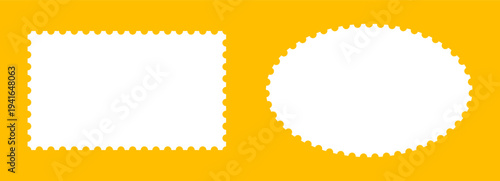 Backdrops for postcards or letters with empty borders. Postage stamp template frames. Circle or oval and rectangular vintage blank stamps. Coupon, label, tag, box with wavy, wiggly perforated edges.