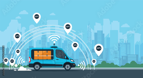 Autonomous blue delivery van driving through a city with GPS location pins and wireless signal icons illustrating smart logistics tech.