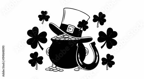 Black and white illustration of a leprechaun's hat, pot of gold, horseshoe, and clovers