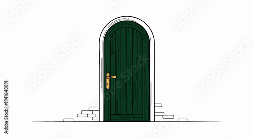 An arched dark green wooden door with a brass handle