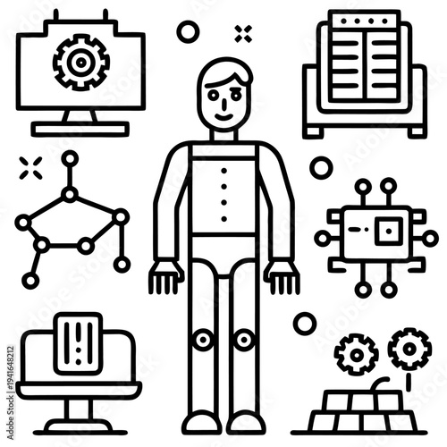 Modern technological advancement with futuristic design in minimalist style, illustrating the convergence of artificial intelligence and automation. 