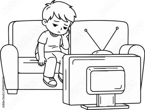 Bored child slumped on couch watching old television