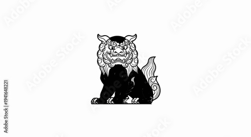Black and white illustration of a mythical creature with elaborate details
