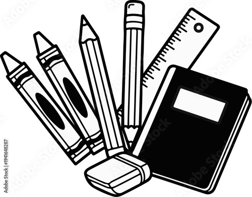 An assortment of school supplies, including crayons, pencils, an eraser, a ruler, and a notebook