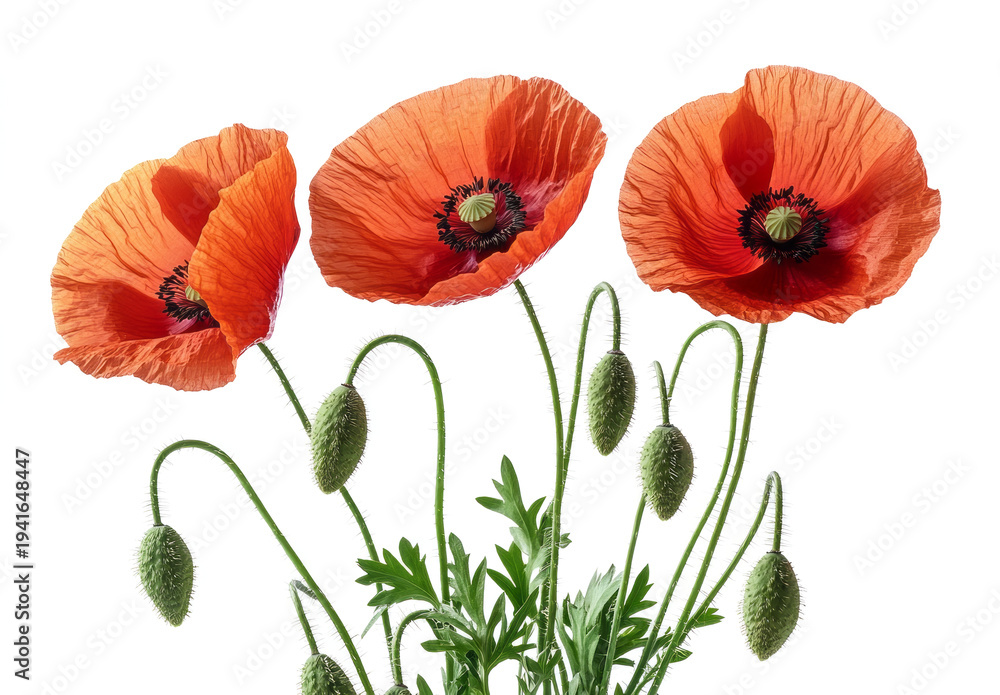 Naklejka premium red poppy flowers isolated on a transparent background, 