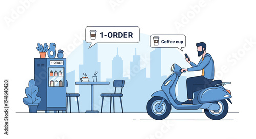 Modern man sitting on a blue scooter using a smartphone to order a coffee from an automated cafe machine in the city.