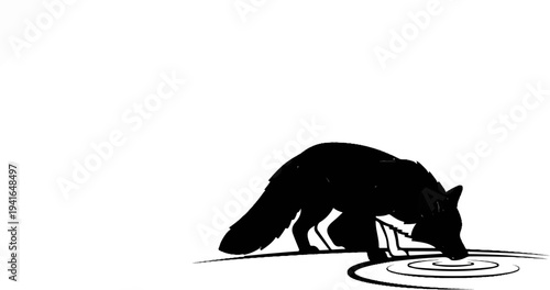 Black silhouette of a fox drinking from a pool of water