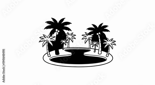 Black and white illustration of a tropical pool oasis with palm trees
