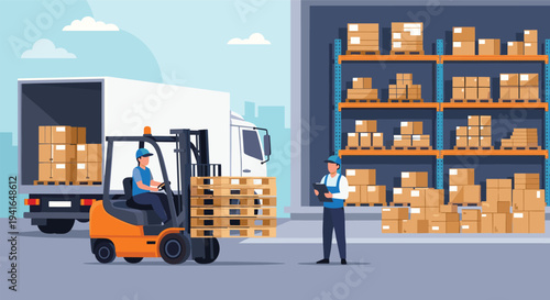Industrial warehouse logistics scene featuring a forklift driver loading a truck and a worker managing inventory on a clipboard.