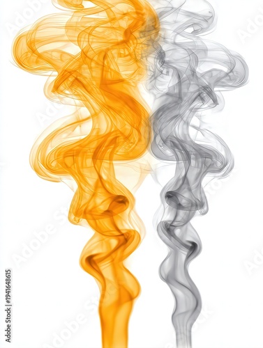 Swirling orange and gray smoke on a white background creates an elegant and dynamic visual effect, suitable for artistic projects, backgrounds, or as a metaphor for duality,