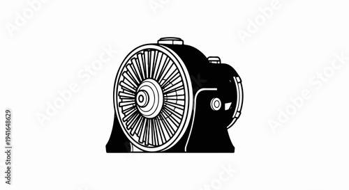 Black and white illustration of a turbine engine with visible blades