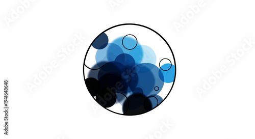 Abstract circle filled with overlapping translucent blue and black circles