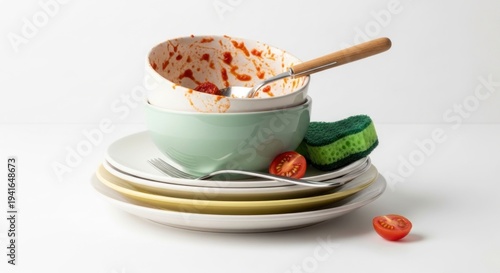 A pile of dirty dishes including bowls with sauce, plates, cutlery, a sponge, and tomato