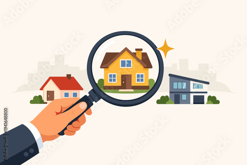 Businessman Hand Holding Magnifying Glass Searching for Best Real Estate House Deal. Flat Vector Illustration of Property Search, Home Inspection, Mortgage, Investment, and Buying New Home.