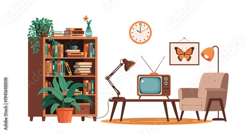 Cozy retro living room interior featuring a wooden bookshelf, a vintage television on a table, and a comfortable armchair.