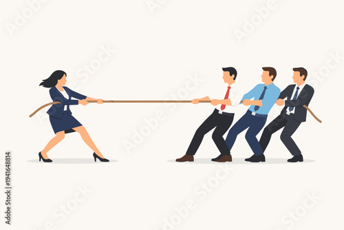 Businesswoman Competing in Tug of War Against Group of Male Coworkers, Concept of Gender Inequality, Workplace Competition, Female Empowerment and Professional Struggle, Flat Vector Illustration