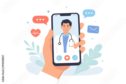 Hand holding smartphone with male doctor on screen for telemedicine video call. Online medical consultation app with chat icons, heart rate, and email symbols. Flat vector illustration concept.