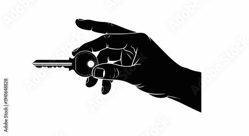 Black silhouette of a hand holding a key against a white background