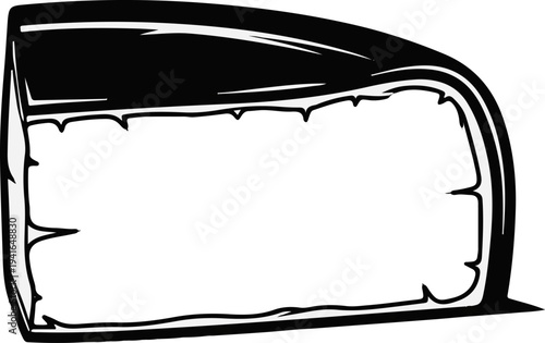 Black and white illustration of a wedge of cheese with a torn edge