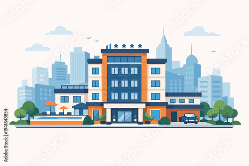 Modern Hotel Building Flat Vector Illustration with Cityscape Background, Luxury Resort with Swimming Pool, Urban Skyline, Travel and Tourism Accommodation Concept, Five Star Hotel in the City.