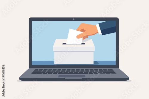 Flat vector illustration of a hand putting a paper ballot into a white ballot box on a laptop screen, representing online voting, digital democracy, electronic elections, and internet polling.