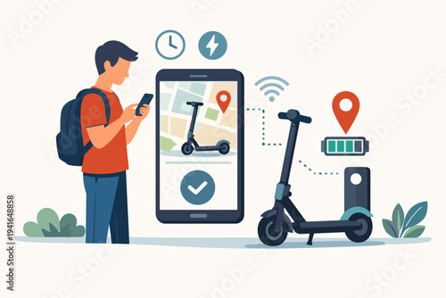 Flat vector illustration of a man with a backpack using a mobile app on his smartphone to rent an electric scooter through a sharing service, featuring GPS map, battery status, and energy icons.