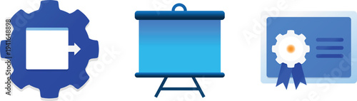 Business automation, presentation and certification vector icon set clean corporate. Digital illustration for workflow training, software onboarding, e-learning, dashboard and technology marketing 