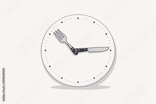 Flat vector illustration of a clock face designed as a white plate with a fork and knife as the hands, symbolizing mealtime, lunch break, dinner schedule, nutrition, or intermittent fasting.