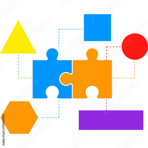 Puzzle of Connections: Conceptual image of teamwork, problem-solving, and the linking of varied elements, featuring jigsaw pieces and geometric shapes symbolizing interconnectedness. 