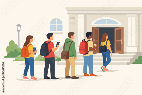 Diverse group of male and female college students with backpacks standing in a queue to enter a university building. Flat vector illustration of students waiting for classes or campus events.
