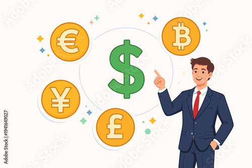 Businessman in a Suit Pointing at a Large Green Dollar Sign Surrounded by Global Currency Symbols like Euro, Bitcoin, Yen, and Pound Sterling. Flat Vector Illustration for Finance and Business.