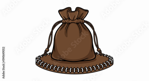 Brown drawstring pouch sits atop a wide-brimmed hat with stitching