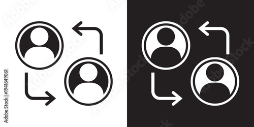 Clean vector icon of two circular user profiles connected by arrows. Ideal for illustrating user synchronization, peer-to-peer sharing, communication, and data exchange between accounts.