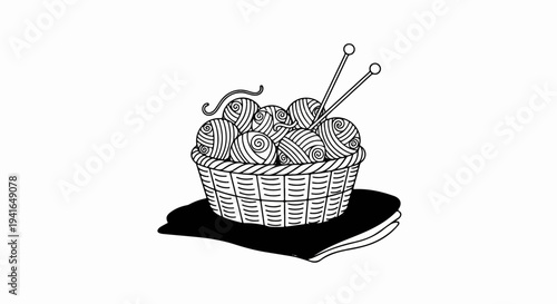 A woven basket overflowing with yarn balls and knitting needles