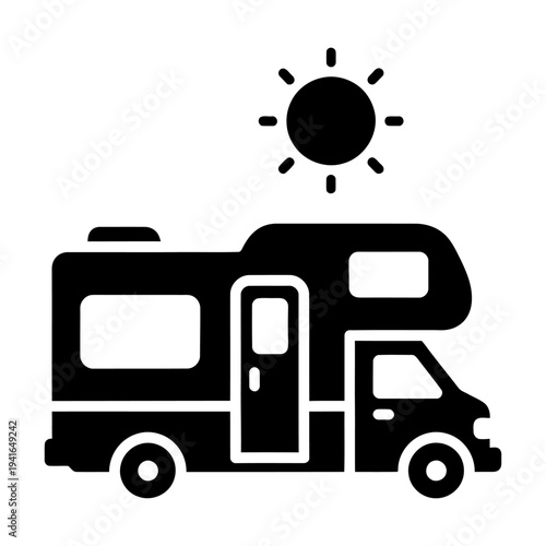 Camper van icon for summer road trip and camping outdoor travel adventure minimalist black silhouette vector