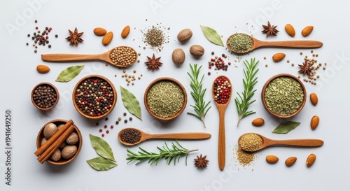 Assorted spices, herbs, and nuts in bowls and spoons on a white background, top view
