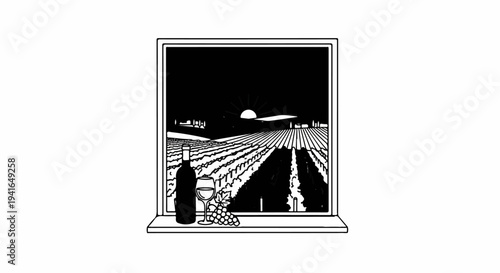 A window frames a vineyard sunset with wine and grapes