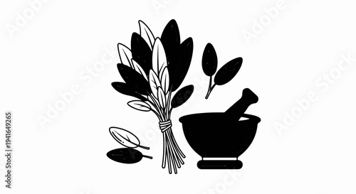 Bunch of leaves tied with twine next to a mortar and pestle icon