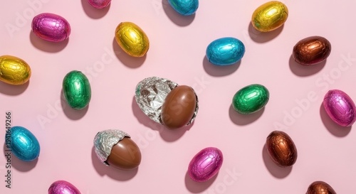 Assortment of colorful foil-wrapped chocolate eggs on pink; two unwrapped