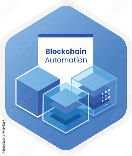 Blockchain automation isometric technology badge. Layered cubes and server. Fintech marketing, SaaS presentations, AI workflows, web apps, cloud infrastructure