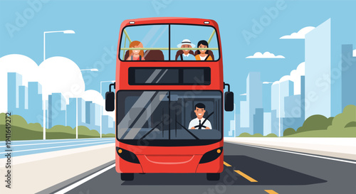 Iconic red double-decker bus transporting passengers along a city highway with a modern urban skyline in the background.