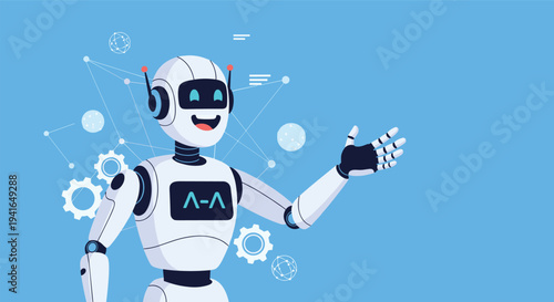 Modern white robot character waving its hand and smiling with glowing blue digital eyes against a blue background with gears.
