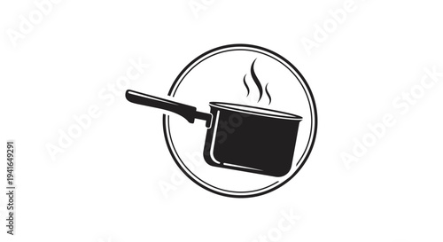 Black Cooking Pot with Rising Steam.