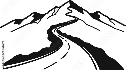 A winding road leads through rugged, snow-capped mountains