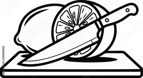 A whole and a sliced lemon with a knife on a cutting board