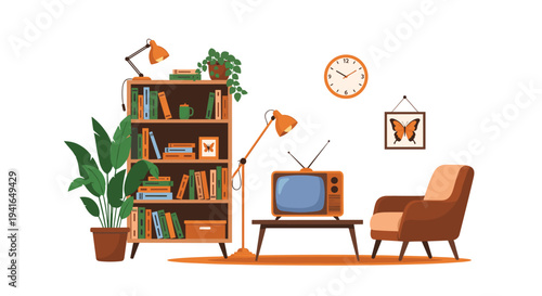 Detailed illustration of a vintage-style living room interior with a wooden bookshelf, a retro TV, and a cozy armchair.